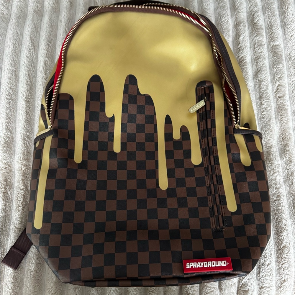 Sprayground Drip Checkered Backpack in Gold and Brown